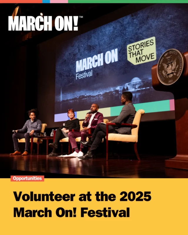 Help Champion the Stories that Move the Movement: Volunteer at March On! 

Do you believe in the power of storytelling and the arts to advance civil rights, amplify underrepresented voices, and spark meaningful change? Join us at the March On! Festival, September 16-21 in Washington, DC and help make the convening happen.

We’re calling on passionate, dedicated individuals to volunteer and help us create an unforgettable festival experience. As part of the March On! Team, you’ll help gather artists, civic leaders, activists, and audiences together in community spaces. 

As a Volunteer, You’ll Have the Opportunity To: 
🌟 Ensure the smooth operation of a powerful cultural event
🌟 Engage with acclaimed thought leaders, artists and activists
🌟 Attend film screenings, panel discussions, and vital conversations
🌟 Work alongside a mission-driven, creative team

Signup to volunteer now using the link in bio! 

#MarchOnFestival #Volunteer #CivilRightsMovement #StoriesThatMove
